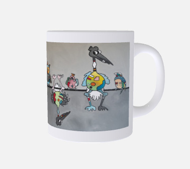 Lustige Tasse, Crazy-Animals, Vögel, grauer Hintergrund in 3D-Ansicht, 3 Version
