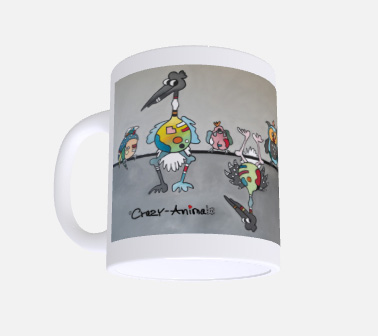 Lustige Tasse, Crazy-Animals, Vögel, grauer Hintergrund in 3D-Ansicht, 6 Version