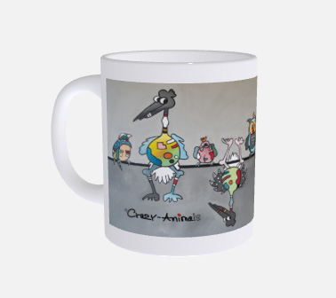 Lustige Tasse, Crazy-Animals, Vögel, grauer Hintergrund in 3D-Ansicht, 2 Version