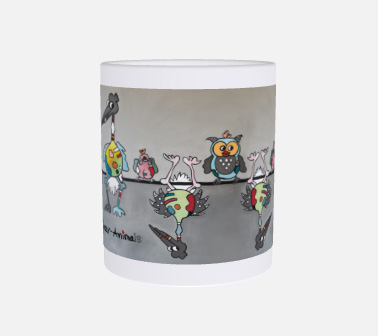 Lustige Tasse, Crazy-Animals, Vögel, grauer Hintergrund in 3D-Ansicht, 5 Version