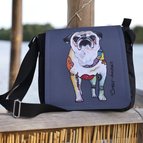 Lustige Tasche von den Crazy-Animals, Motiv "Mops Sofie" an der Strandbar