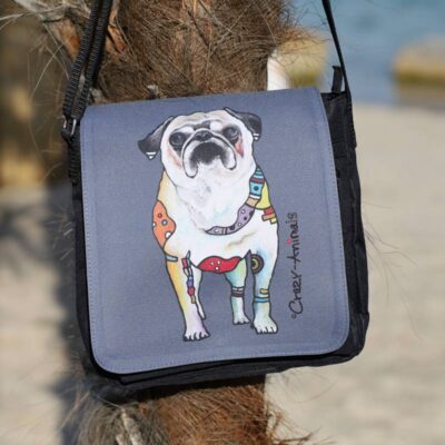 Lustige Tasche von den Crazy-Animals, Motiv "Mops Sofie" an einer Palme