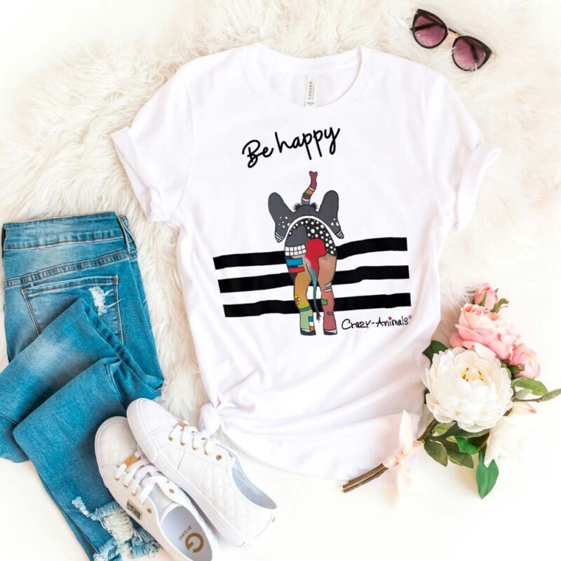 Lustiges T-Shirt Motiv "Elefant mit Text Be Happy" im Crazy-Animals Style