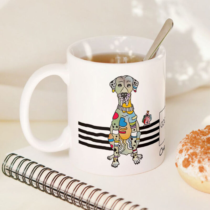 Lustige Tasse Dogge, ein witziges Design der Crazy-Animals zeigt Dogge Bob mit seinen Freuden. Sie wünschen Good Morning Friends