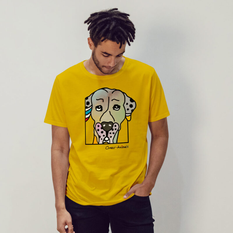 Gelbes T-Shirt mit Doggenkopf im Pop Art Stil von den Crazy Animals, der Regensburger Künstlerin Sabine Leipold.