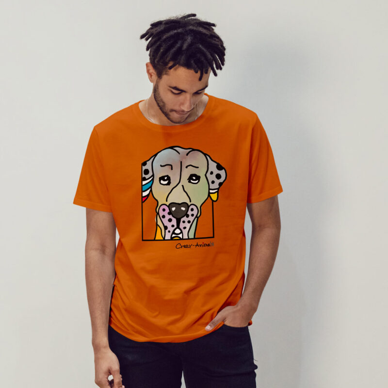 Oranges T-Shirt mit Doggenkopf im Pop Art Stil von den Crazy Animals, der Regensburger Künstlerin Sabine Leipold.