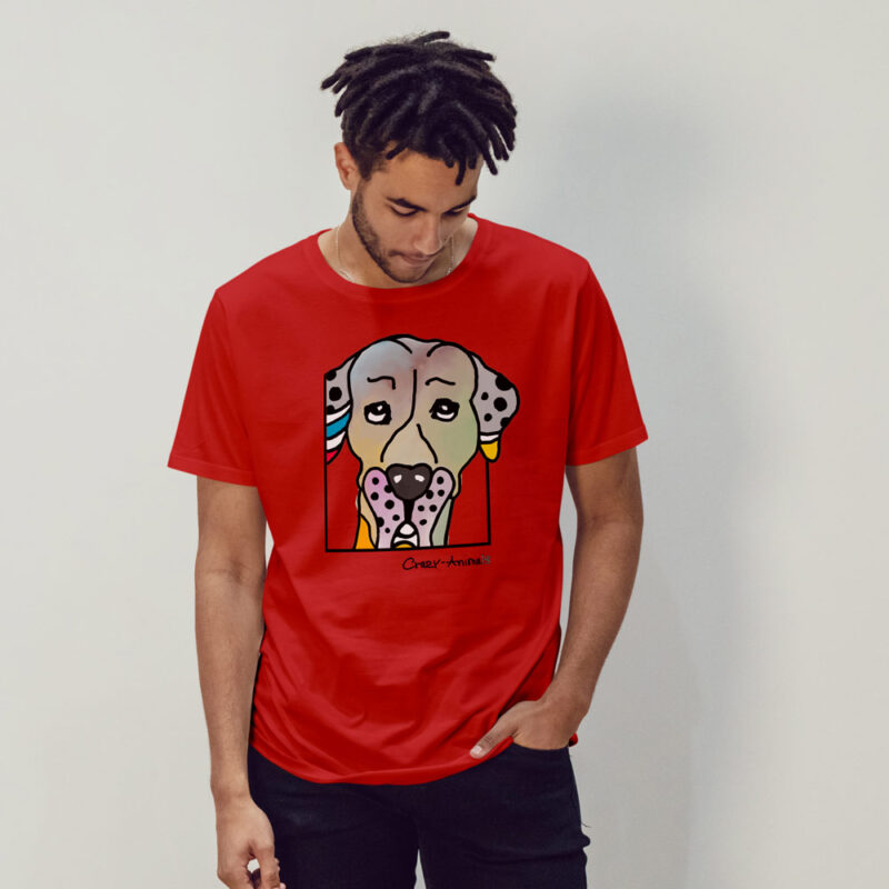 Rotes T-Shirt mit Doggenkopf im Pop Art Stil von den Crazy Animals, der Regensburger Künstlerin Sabine Leipold.