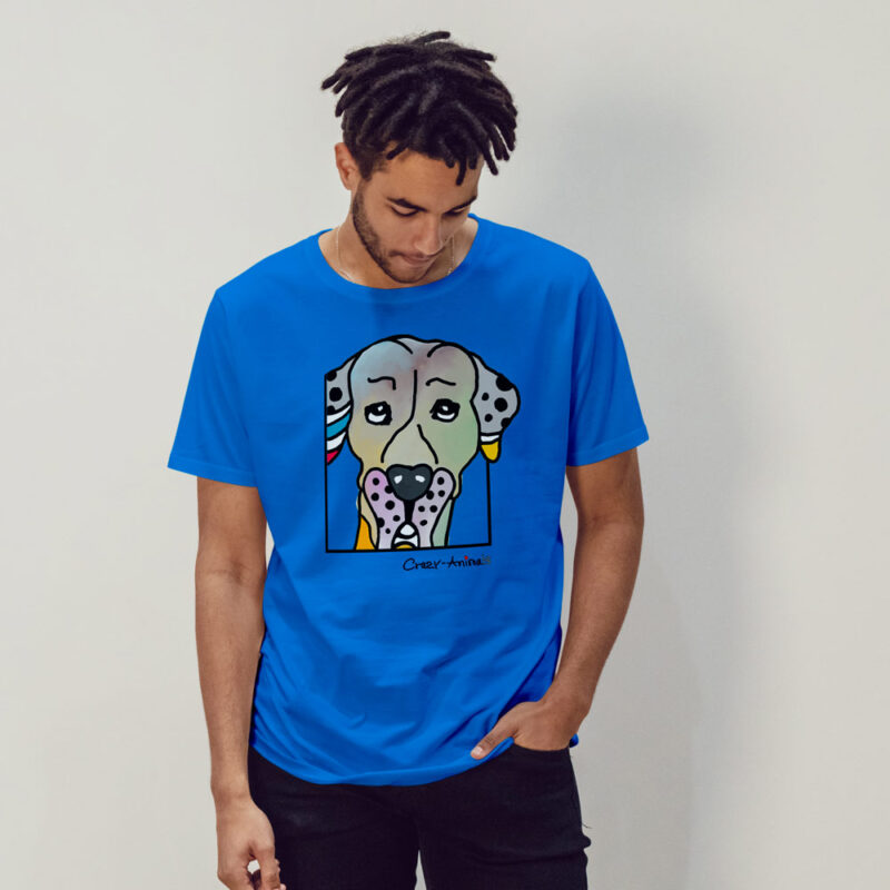 Blaues T-Shirt mit Doggenkopf im Pop Art Stil von den Crazy Animals, der Regensburger Künstlerin Sabine Leipold.