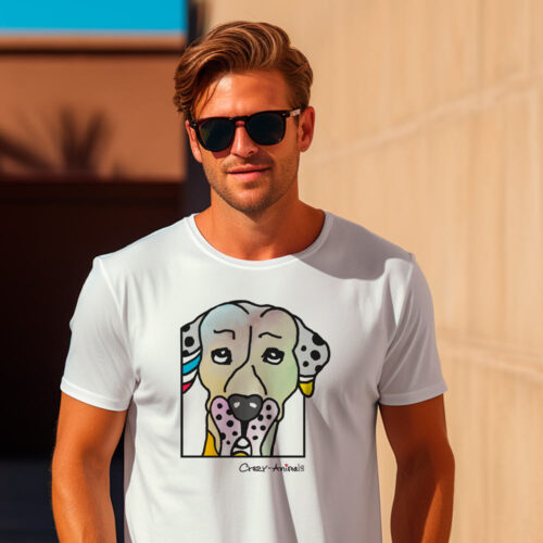 Weißes T-Shirt mit Doggenkopf im Pop Art Stil von den Crazy Animals, der Regensburger Künstlerin Sabine Leipold.