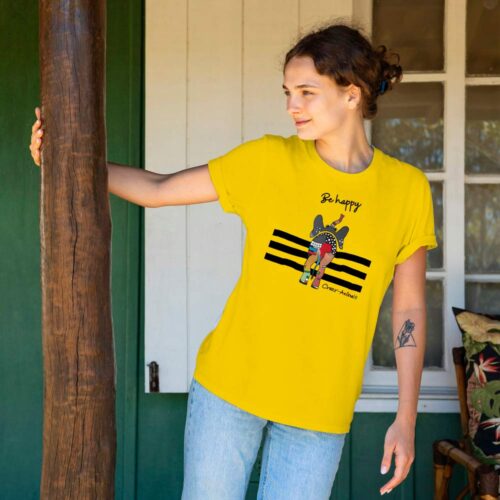T-Shirt mit Motiv "Elefant be Happy" im Crazy-Animals Style in gelb