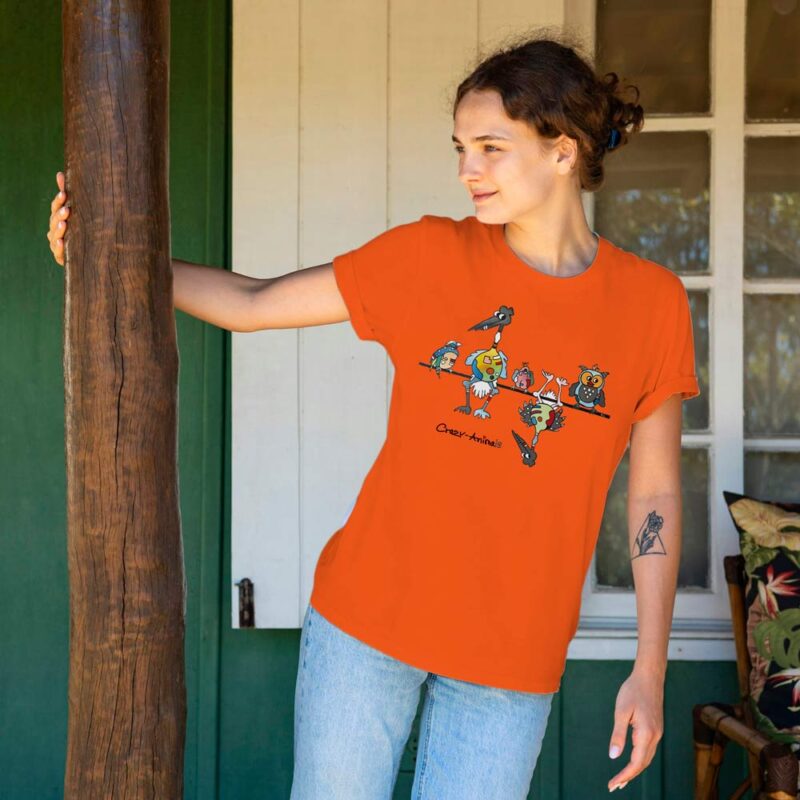 T-Shirt mit Motiv "Schräge Vögel" im Crazy-Animals Style in orange