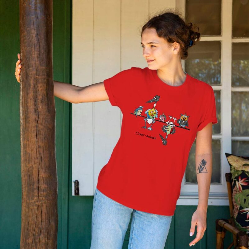 T-Shirt mit Motiv "Schräge Vögel" im Crazy-Animals Style in rot