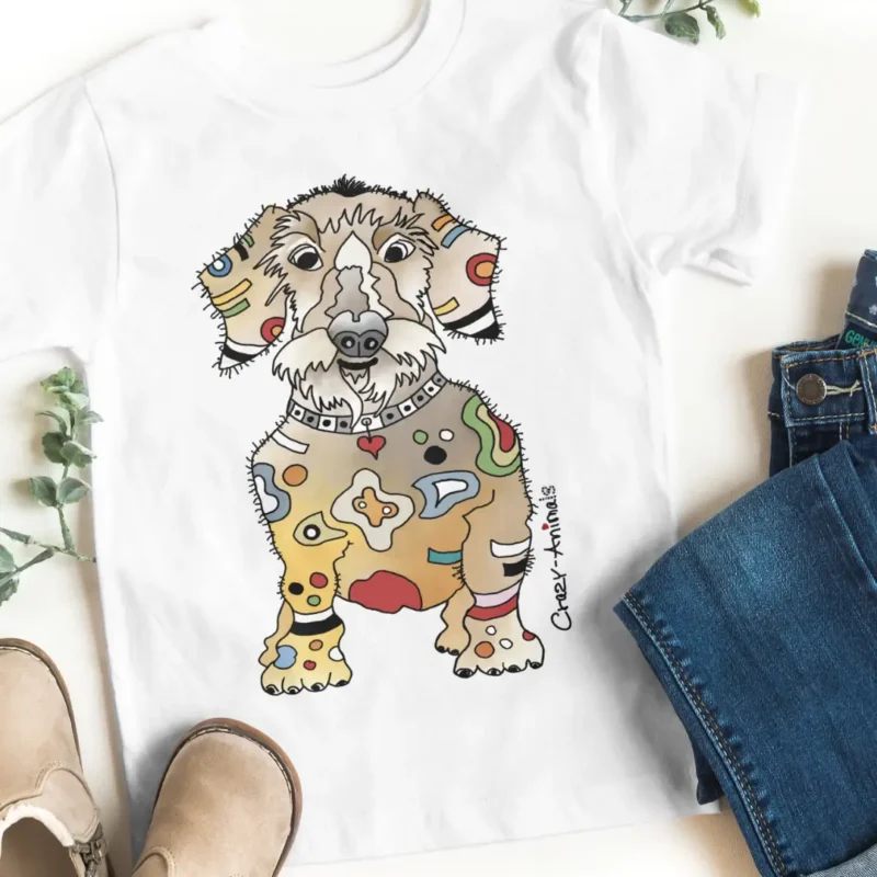 Lustiges T-Shirt bedruckt Dackel Linus im Crazy-Animals Style.